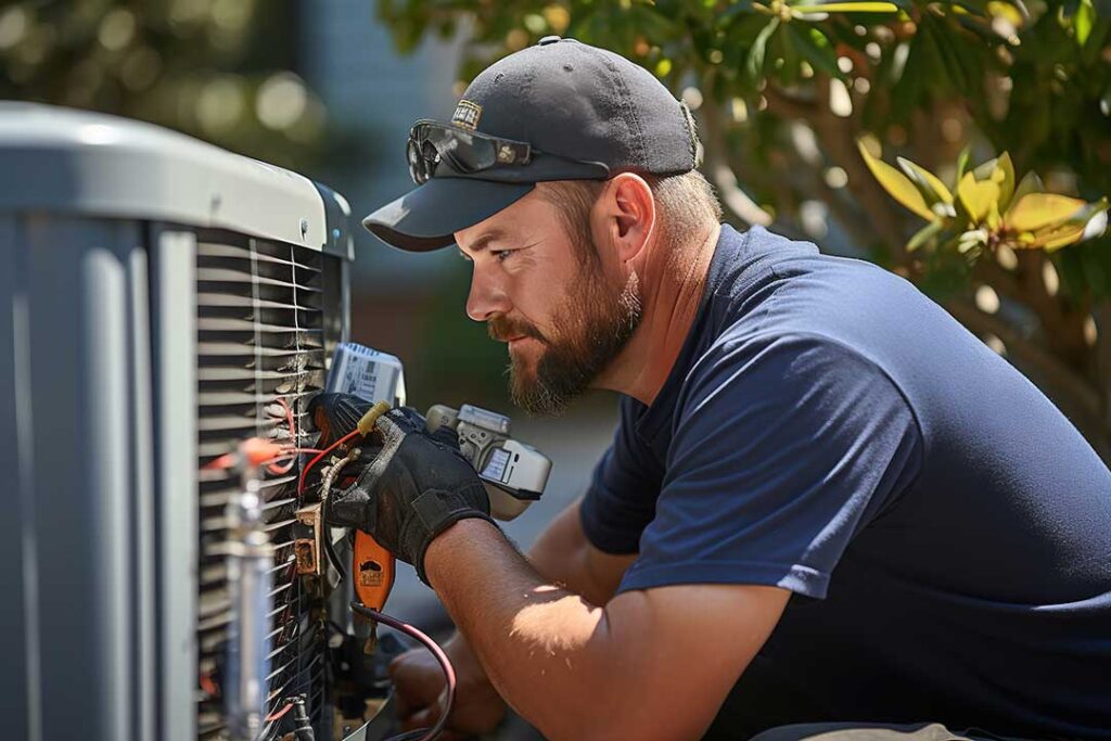 A homeowner changes an air filter in a household return vent while wearing work gloves.