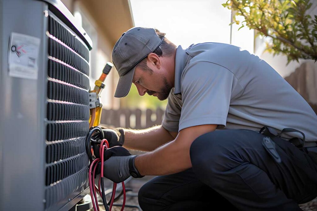 A technician shows a touchscreen thermostat panel in a sunlit living room with multiple zone options displayed.
