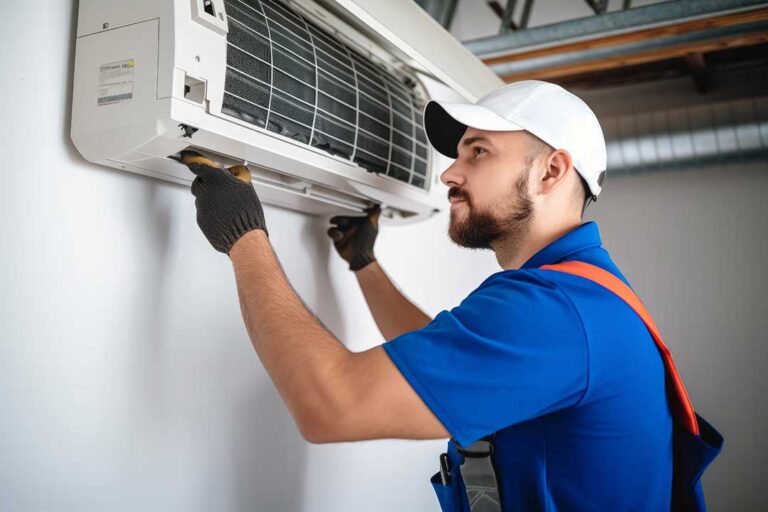 Technician inspecting an outdoor heat pump unit beside a suburban home.